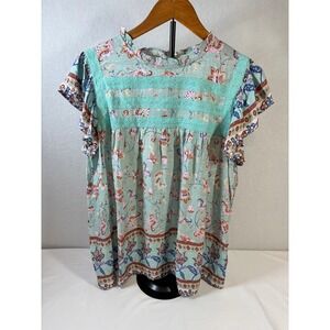 Almost Pink Womens Floral Lace Trim Flutter Sleeve Blouse Turquoise Medium